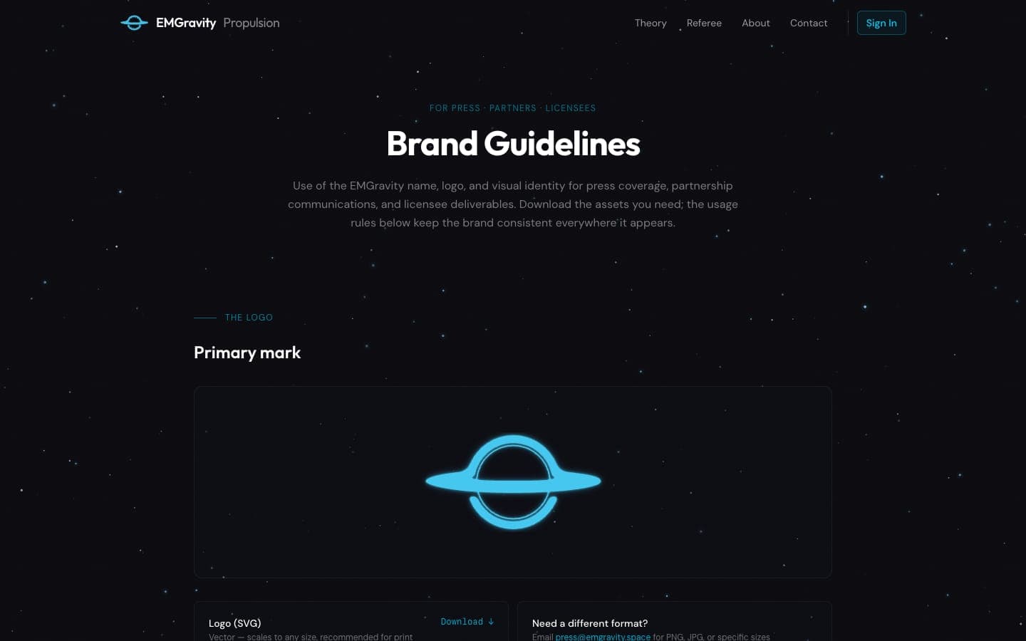 EMGravity brand guidelines page with the logo on a starfield