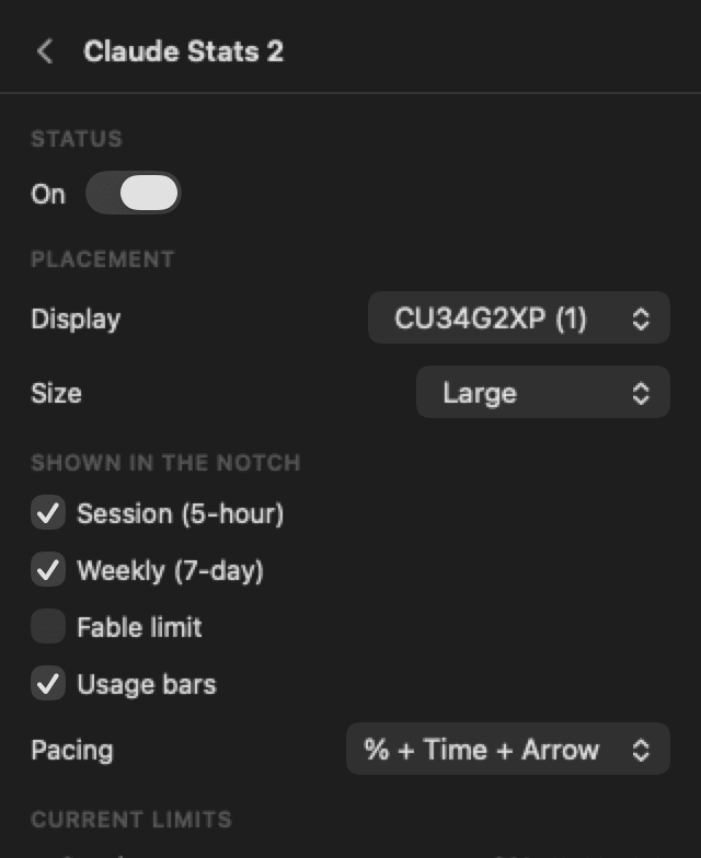 Claude Stats settings in Notcher