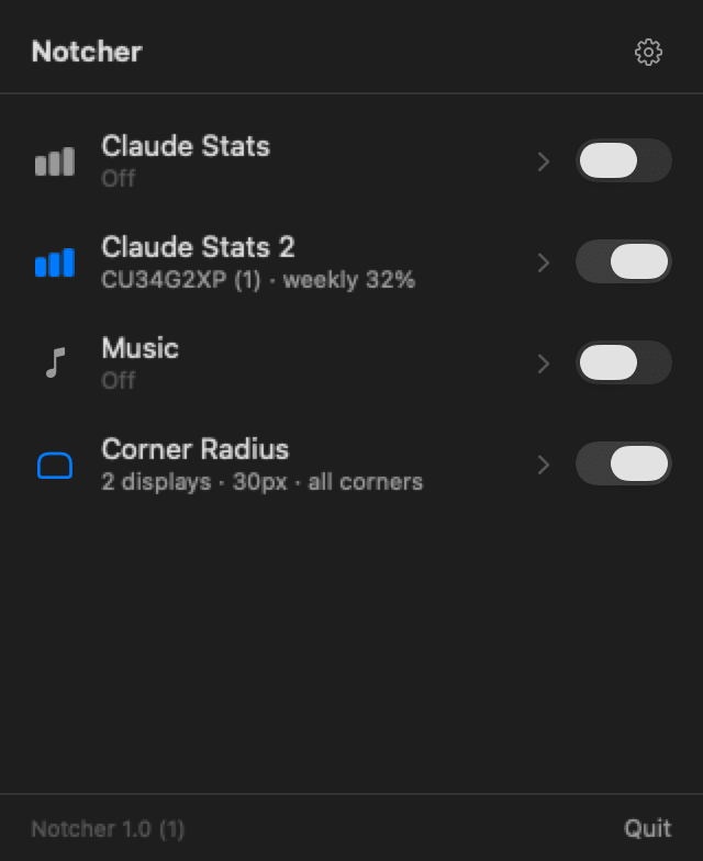 The Notcher menu: Claude Stats, Music and Corner Radius modules with on/off switches