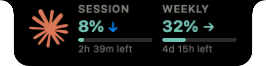Notcher in the MacBook notch: Claude session and weekly usage with bars and time left