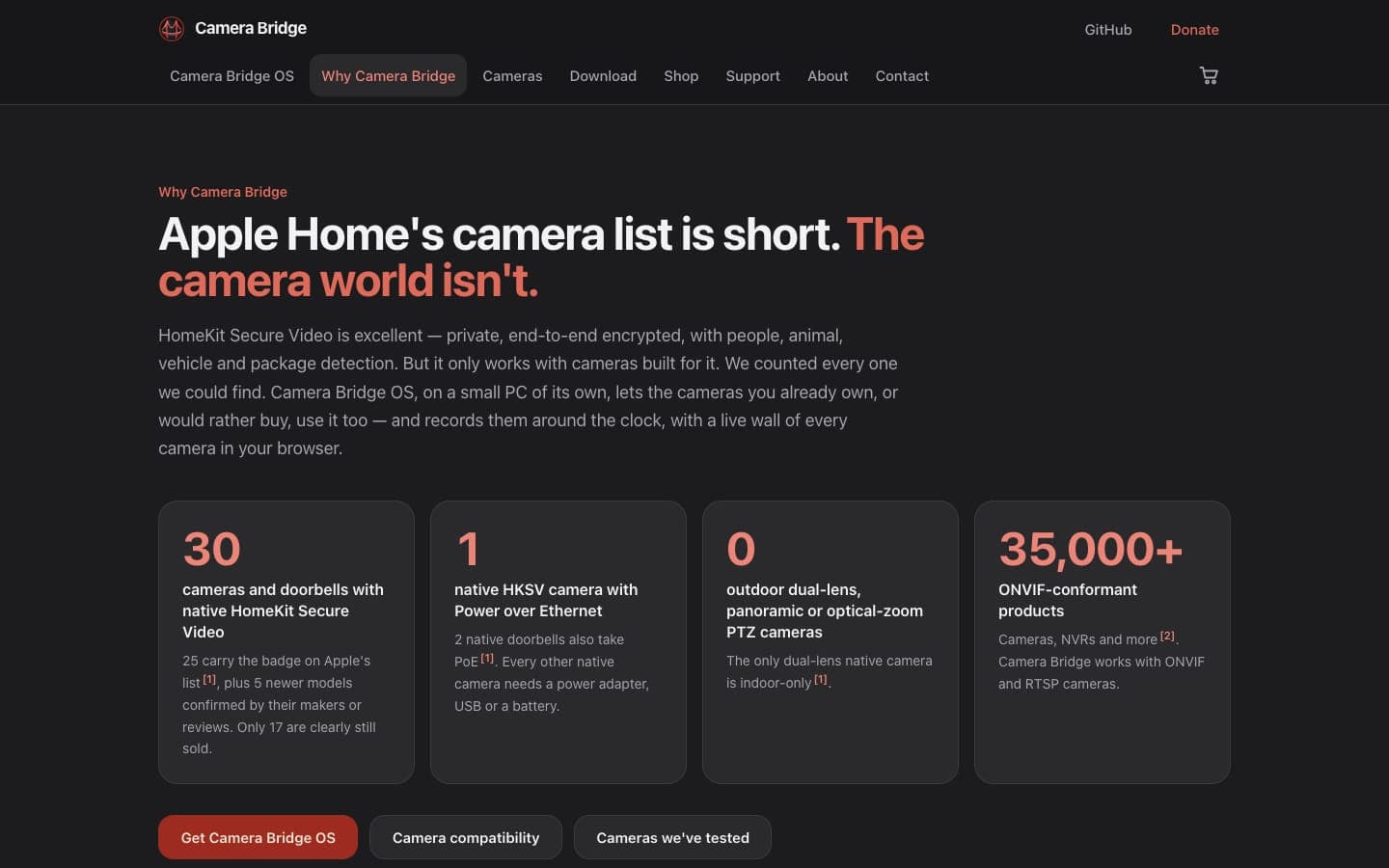 Why Camera Bridge page comparing Apple Home camera support