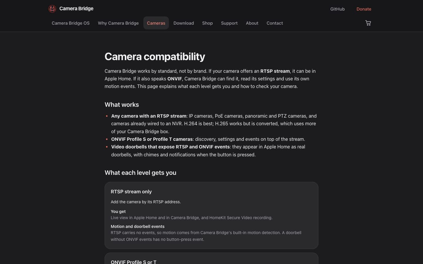 Camera compatibility page