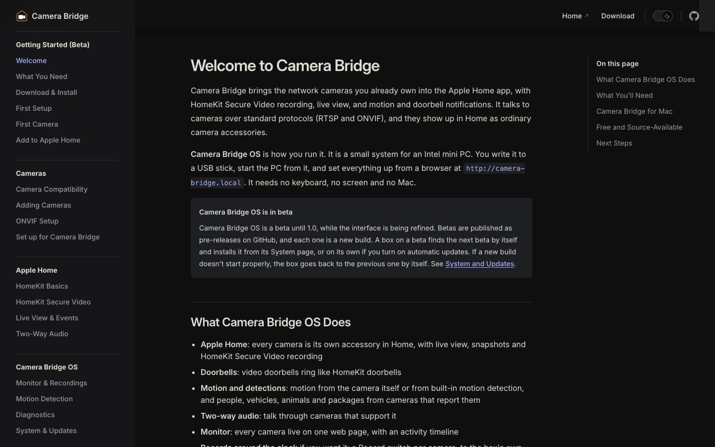 Getting-started welcome page of the Camera Bridge docs