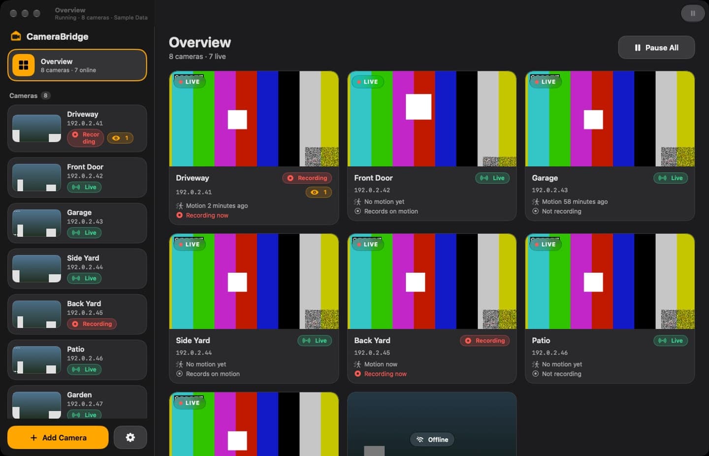 Camera Bridge monitor wall showing eight sample cameras as test patterns
