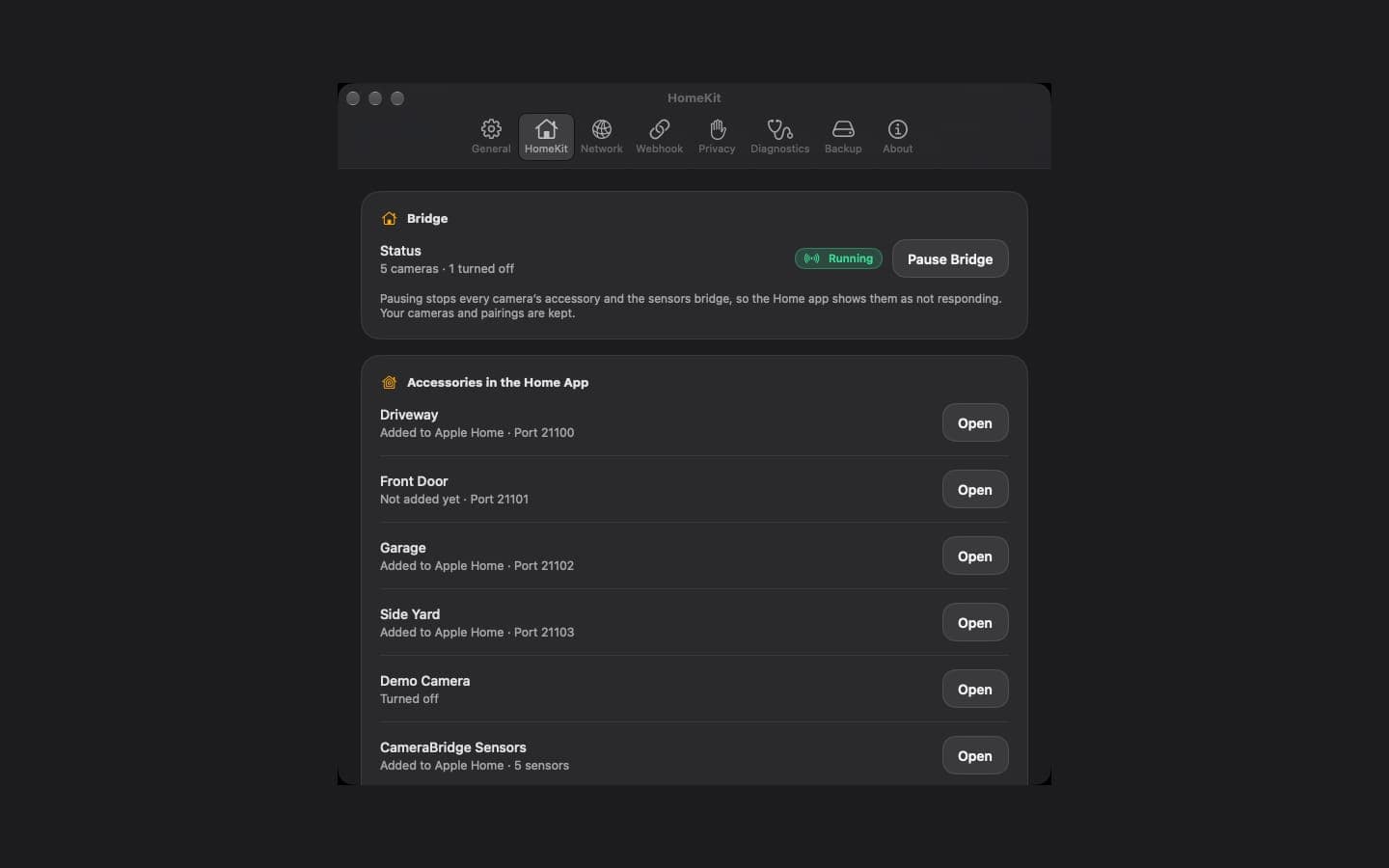 HomeKit settings listing each camera's accessory in the Home app