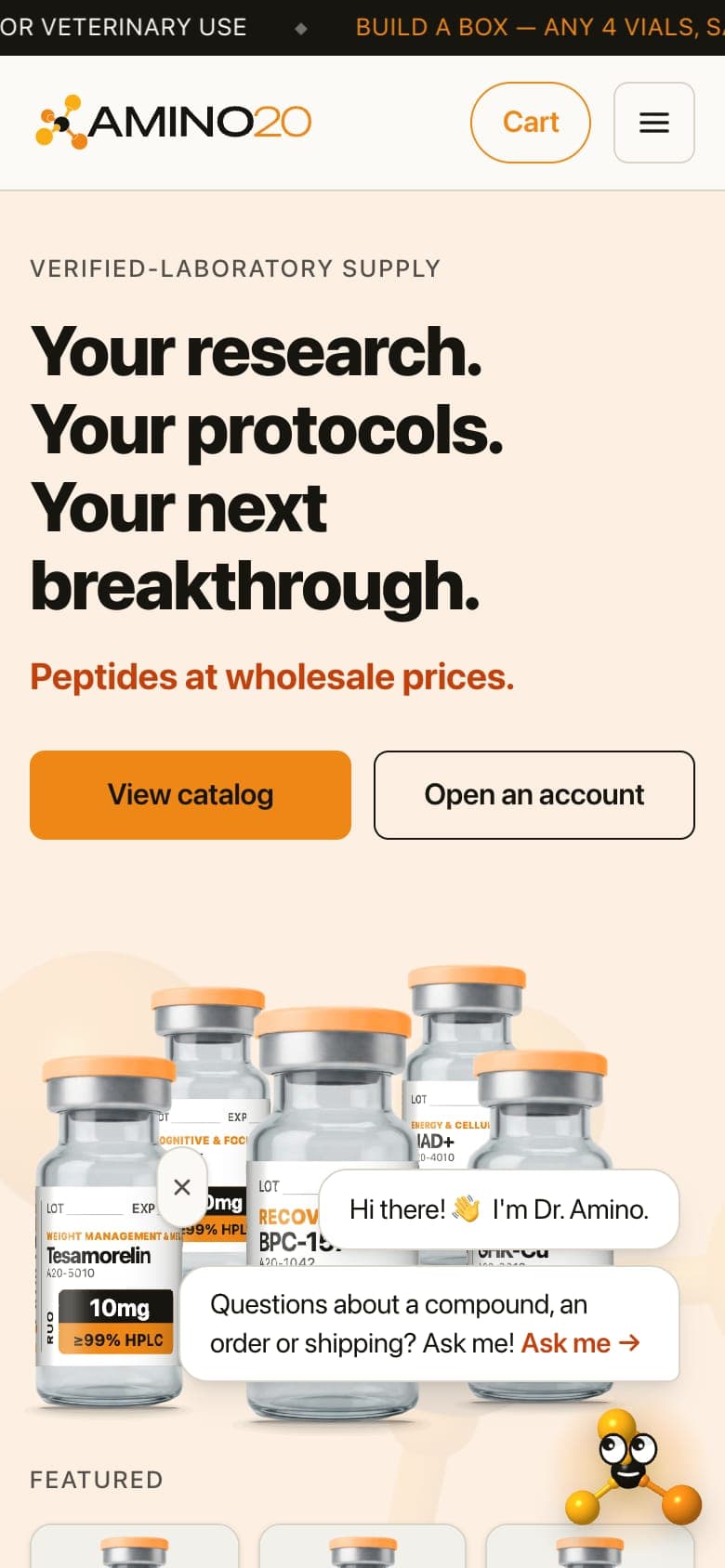 Amino20 Labs home page on a phone