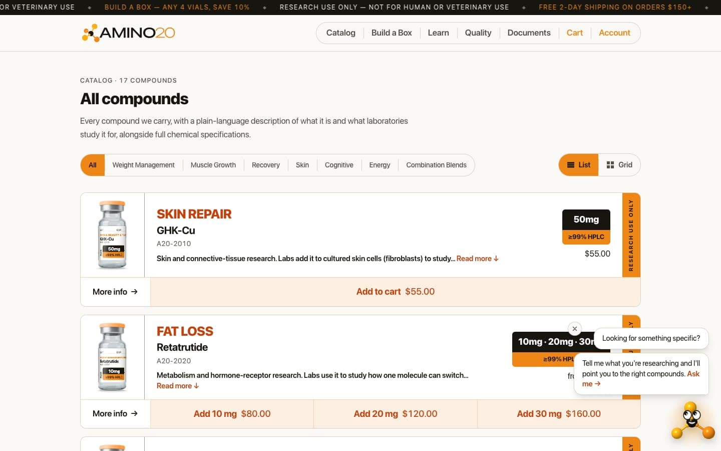 Catalog of all compounds with category filters, vial images and add-to-cart buttons