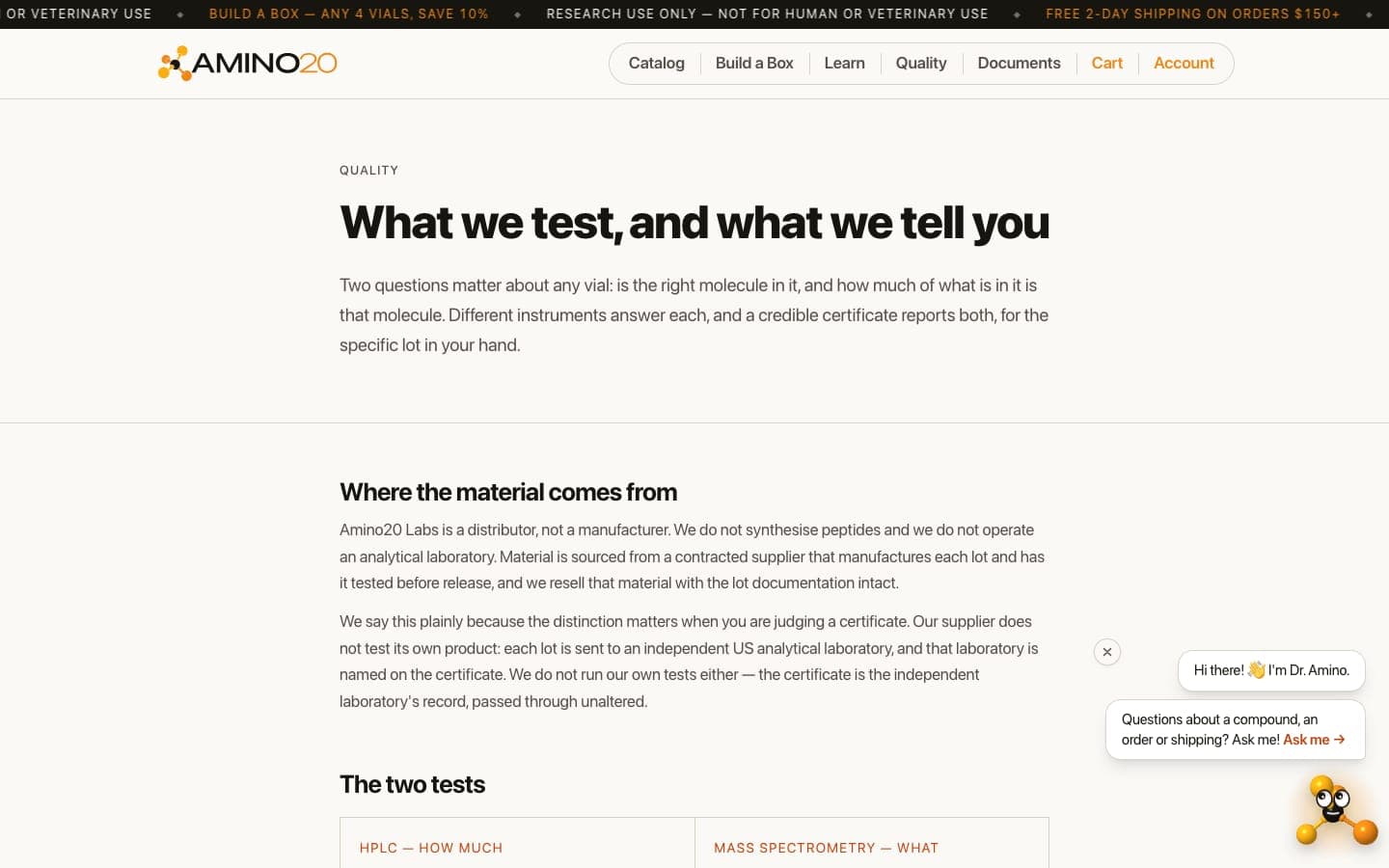 Quality page explaining where the material comes from and how each lot is tested