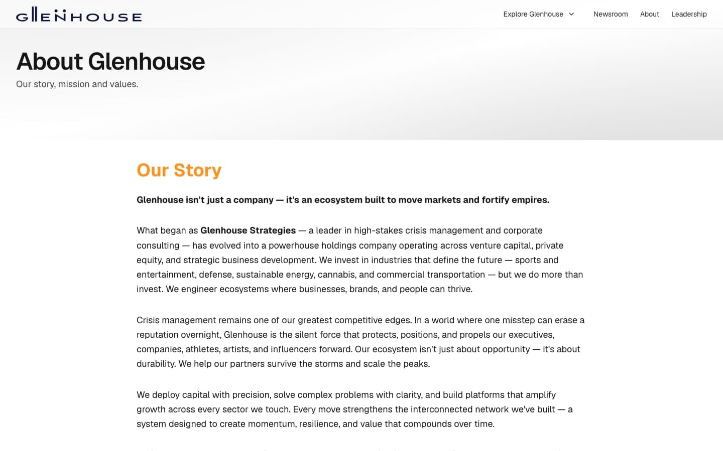 About Glenhouse page with the company story