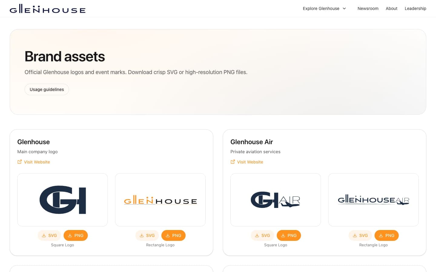 Brand assets page with downloadable logos for each division