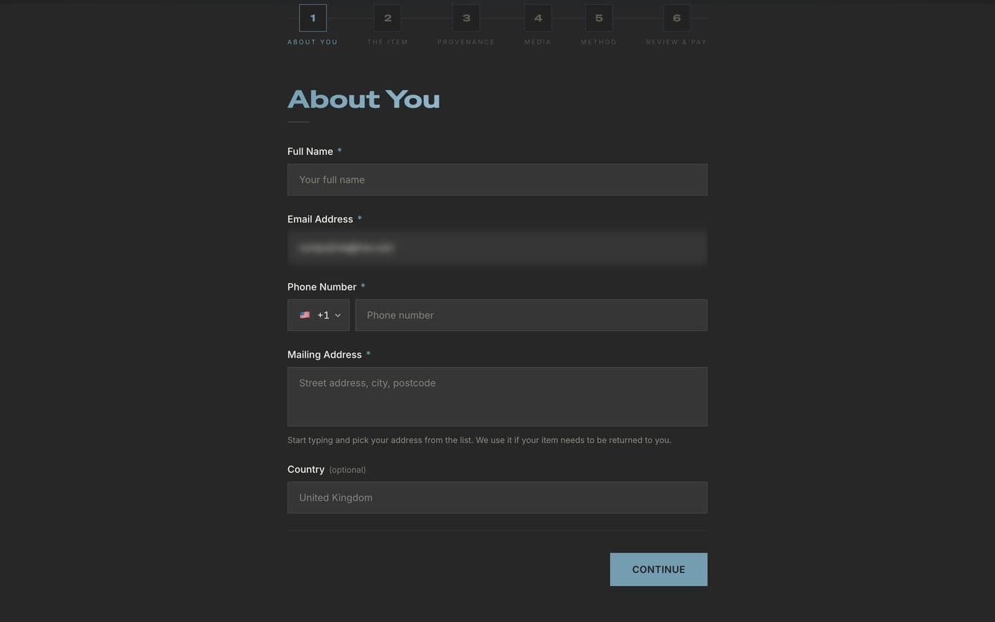 First step of the submission form, with the email field blurred