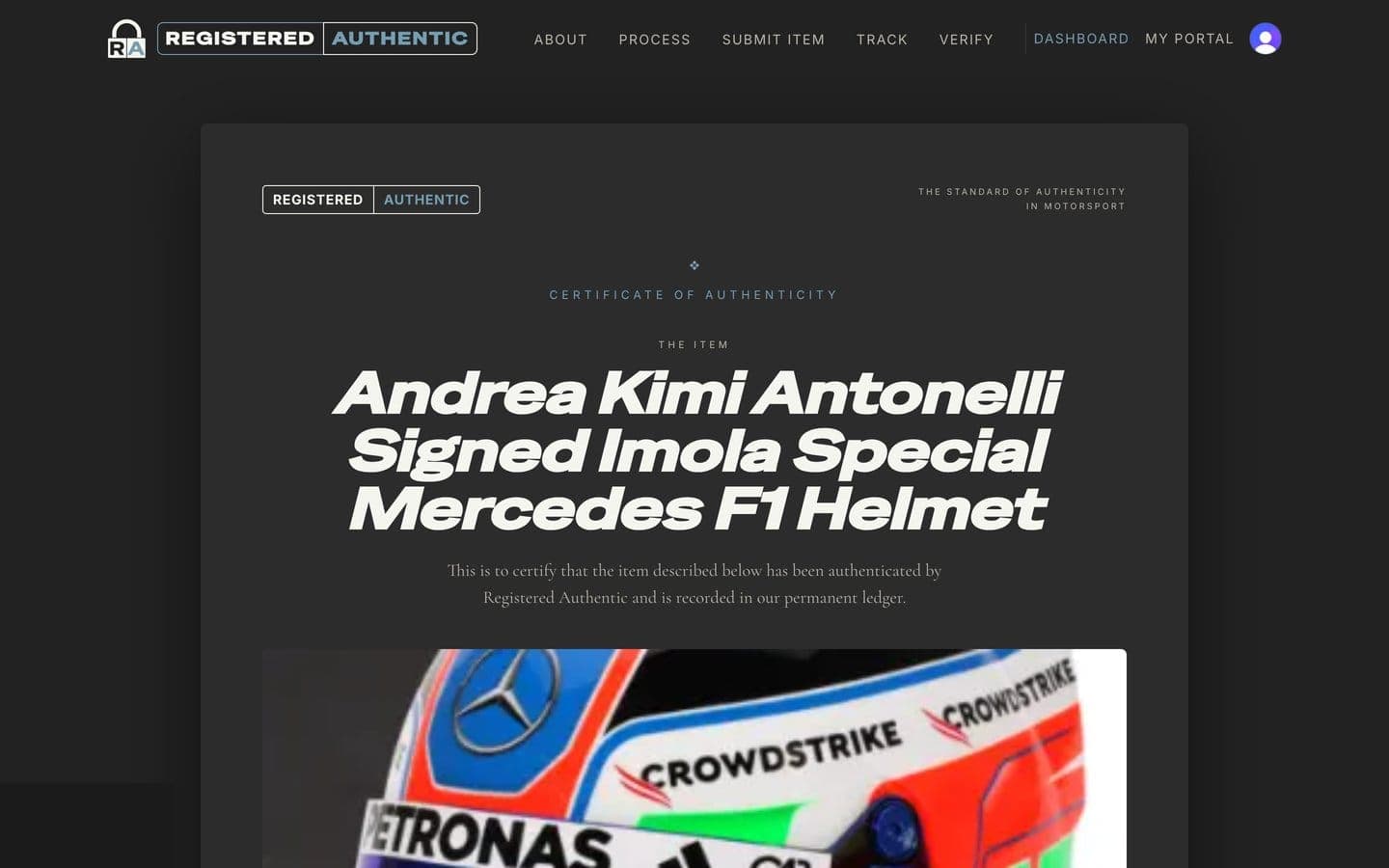Public certificate verification page for an authenticated helmet