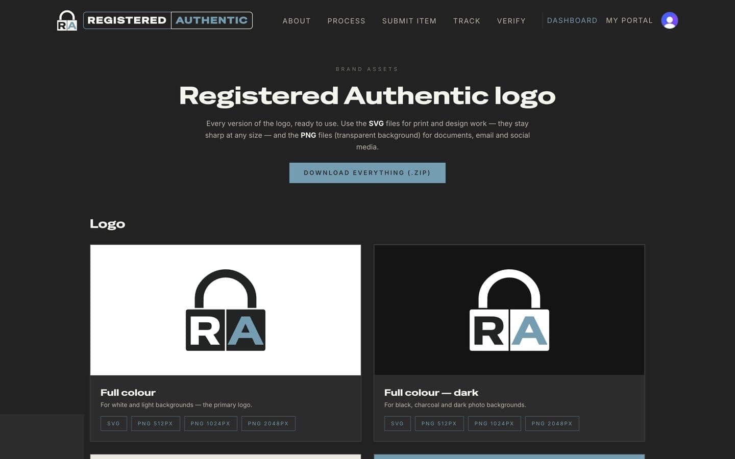 Brand-kit page offering every logo version and a single zip download
