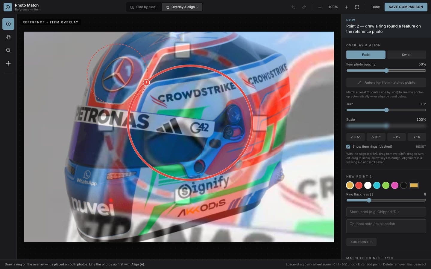 Photo Match overlay mode laying the item photo over the reference