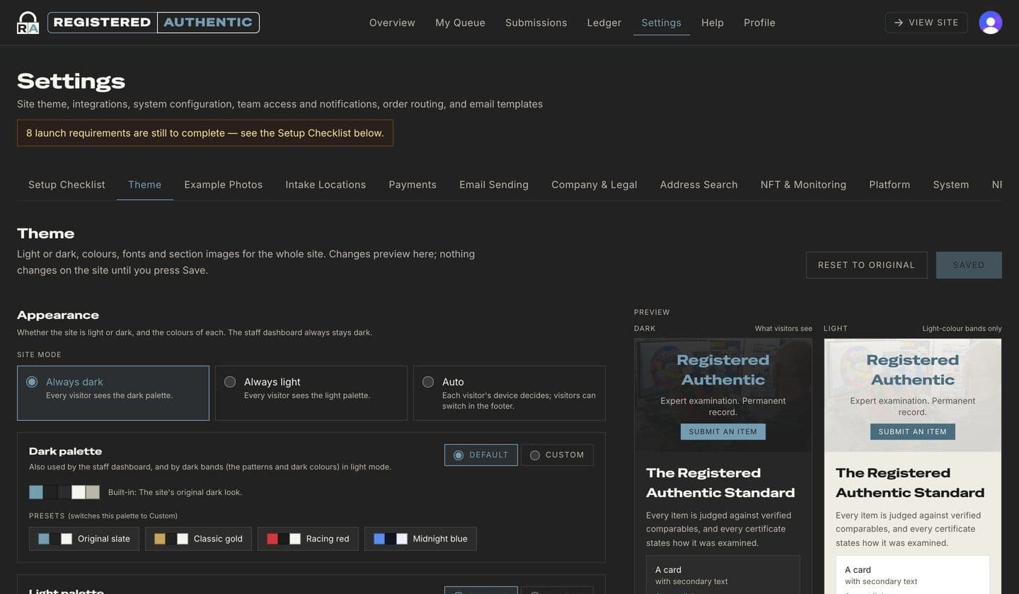 Theme settings with dark and light palettes and a live preview