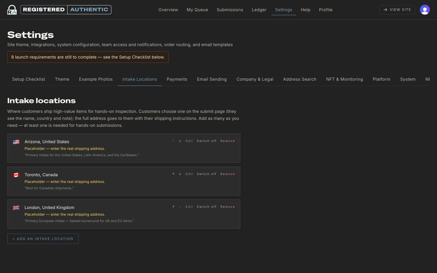 Intake locations manager in the admin settings