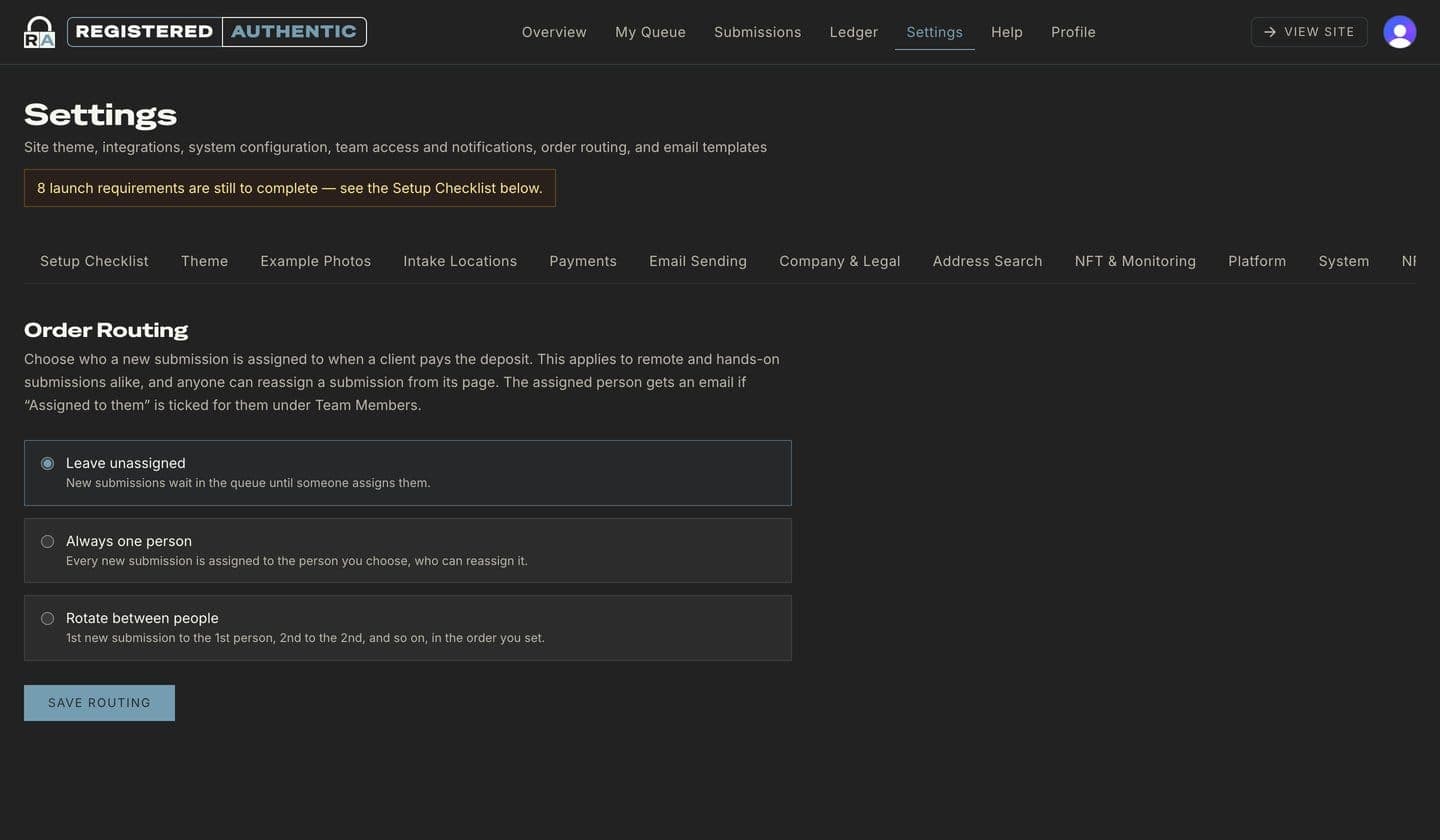 Order routing settings for assigning new submissions