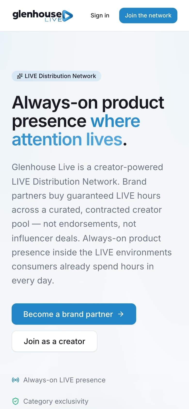 Glenhouse Live home page on a phone